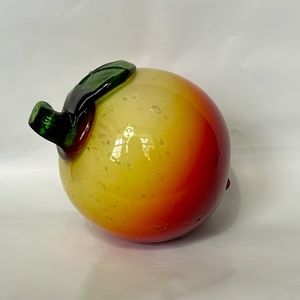 Murano Style Hand Blown Glass Yellow/Orange/Red Peach w/ Green Leaf & Stem 3.5"